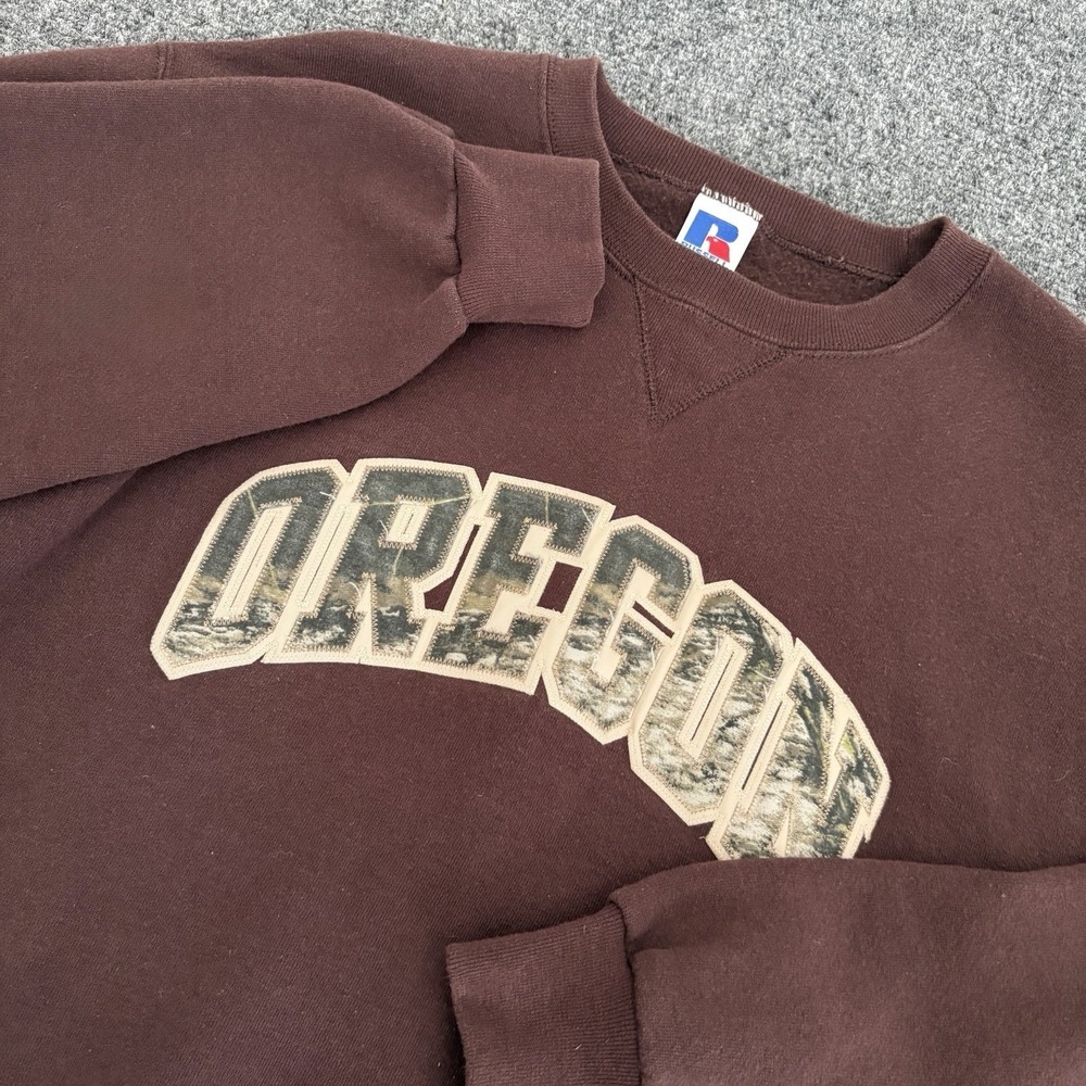 Vintage 90s Russell Athletic Oregon Sweatshirt Mens S Crewneck Brown Stitch Camo